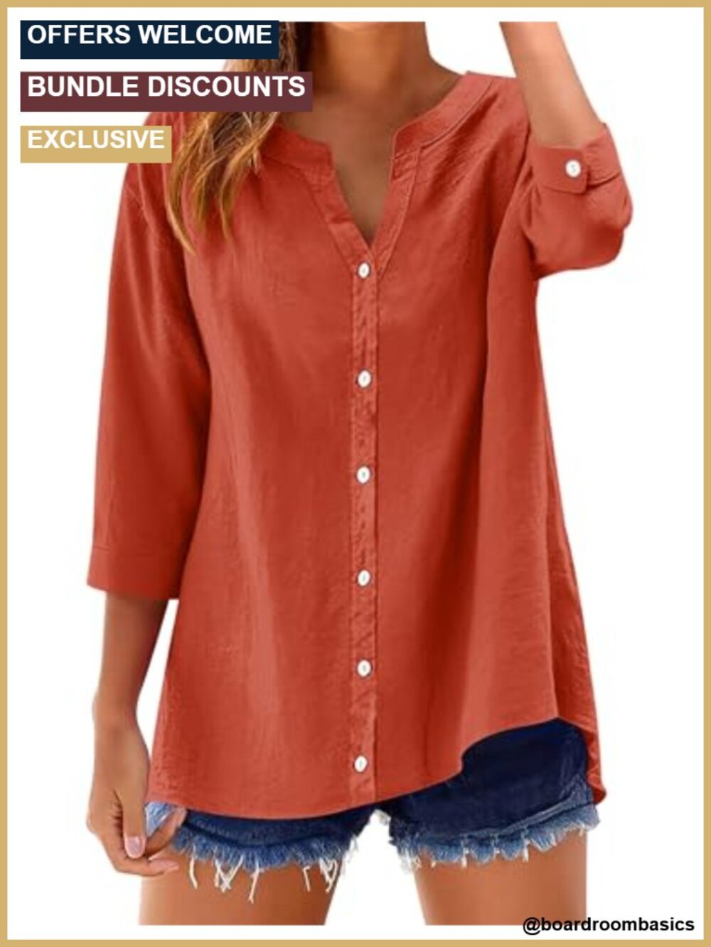 Cotton Linen 3/4 Sleeve Button Down Shirt V Neck Blouse